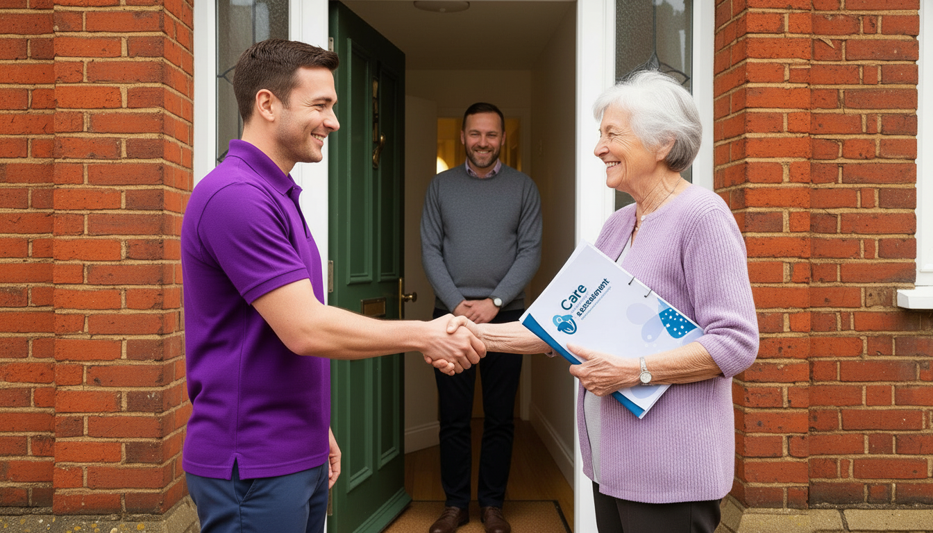 Kays 24-7 Care Services care coordinator in purple uniform shaking hands with an elderly client at her front door after completing a free home care assessment