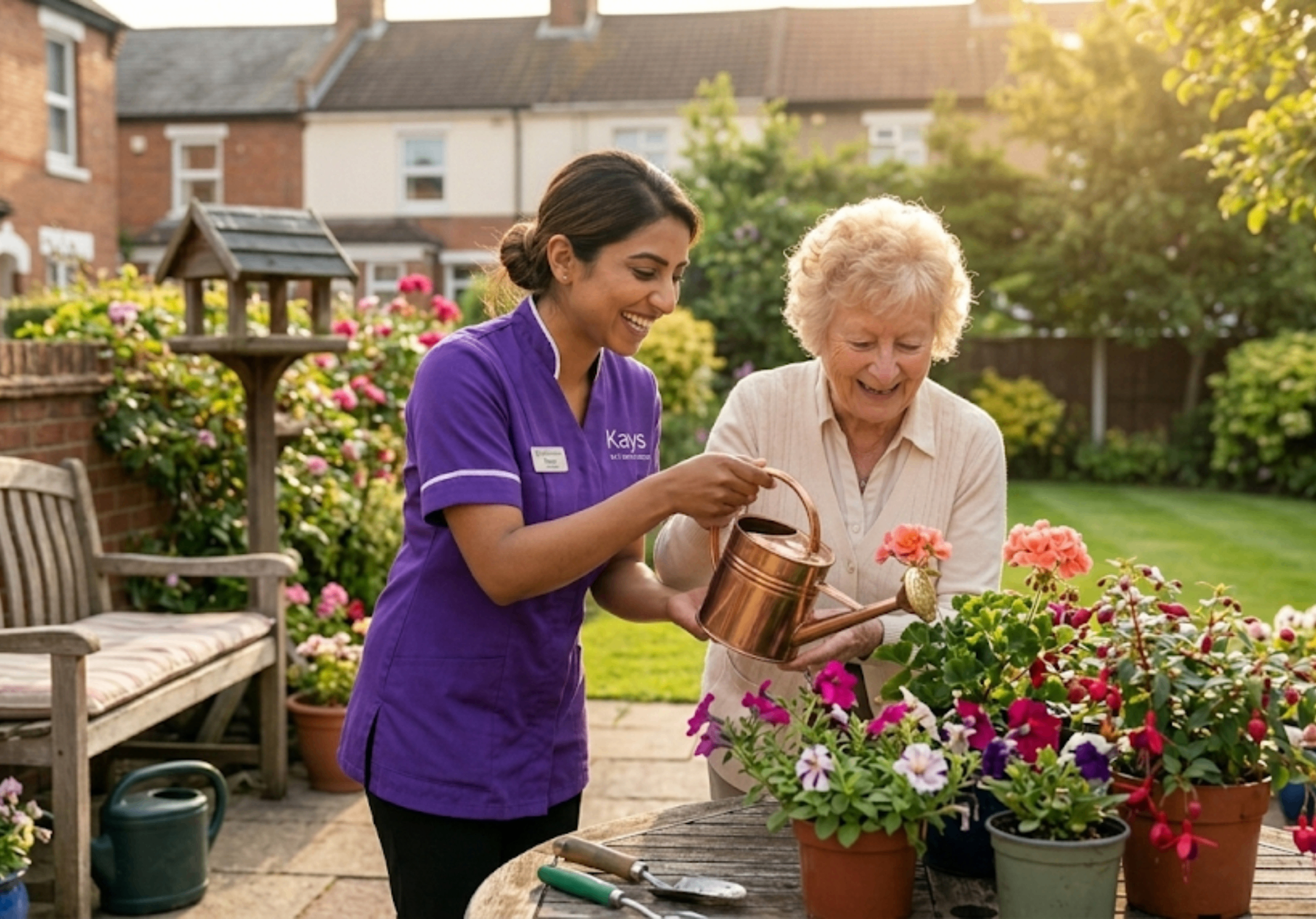Kays 24-7 Care Services carer in purple uniform helping an elderly client water plants in a sunny British garden, representing the rewarding nature of a career in home care