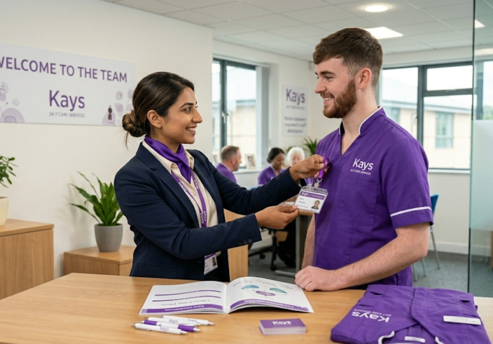 A new Kays 24-7 Care Services carer in purple uniform receiving an ID badge from a manager in a bright office, representing the welcoming onboarding and training process
