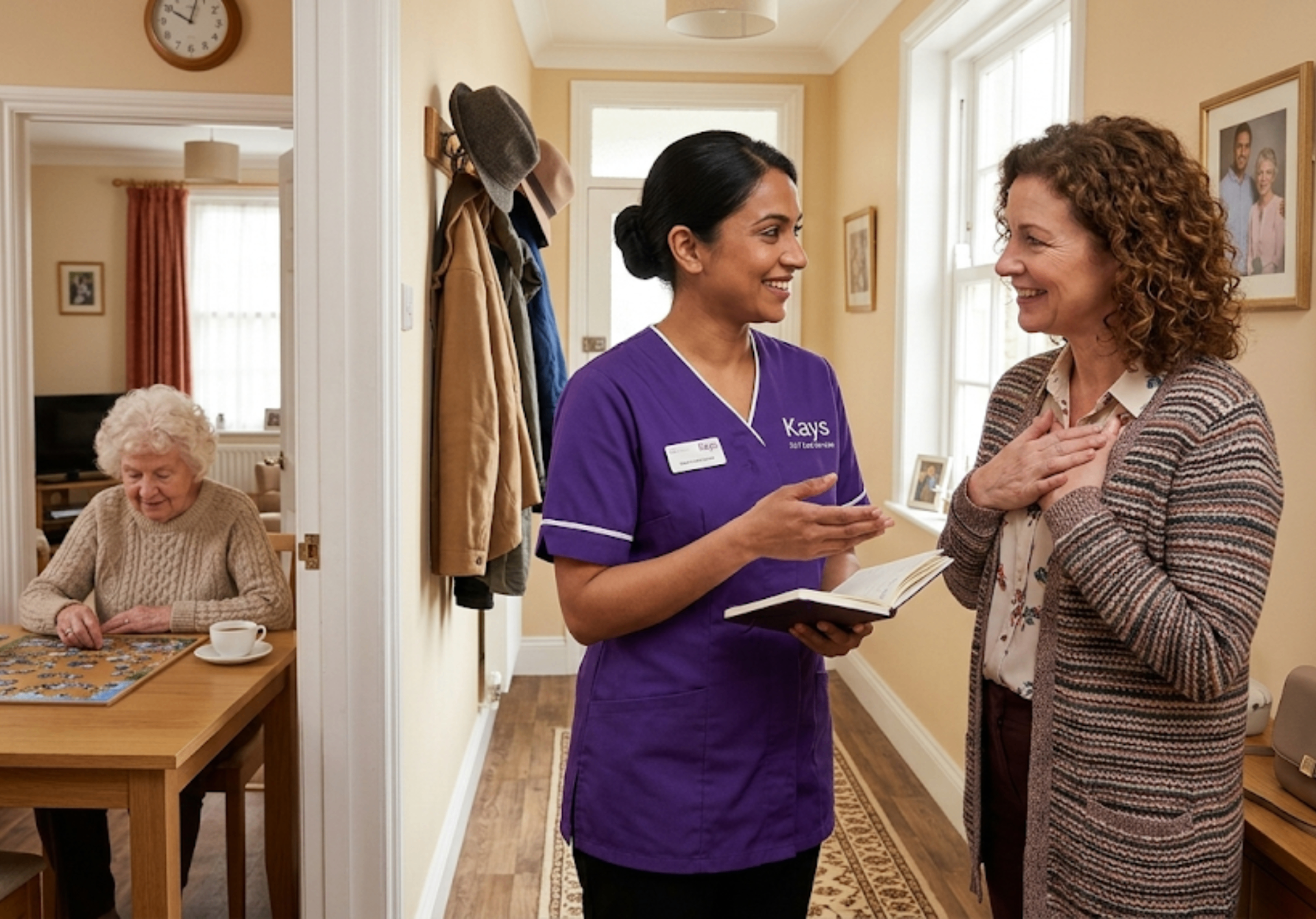 Kays 24-7 Care Services dementia carer in purple uniform updating a client's adult daughter in the hallway while the elderly client does a jigsaw puzzle in the background, representing family communication