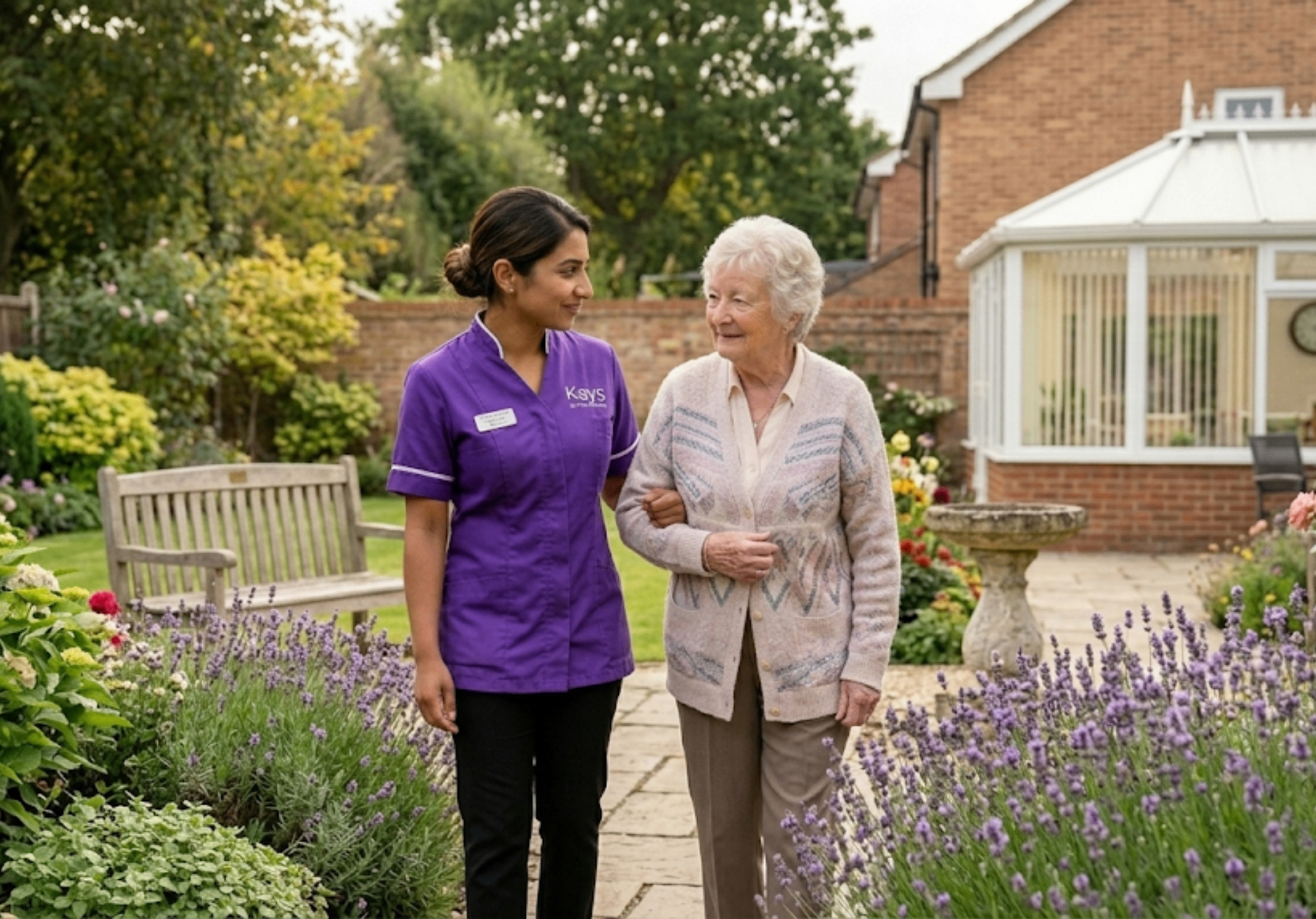 Kays 24-7 Care Services dementia carer in purple uniform walking gently through a peaceful British garden with an elderly client, providing calm and patient companionship