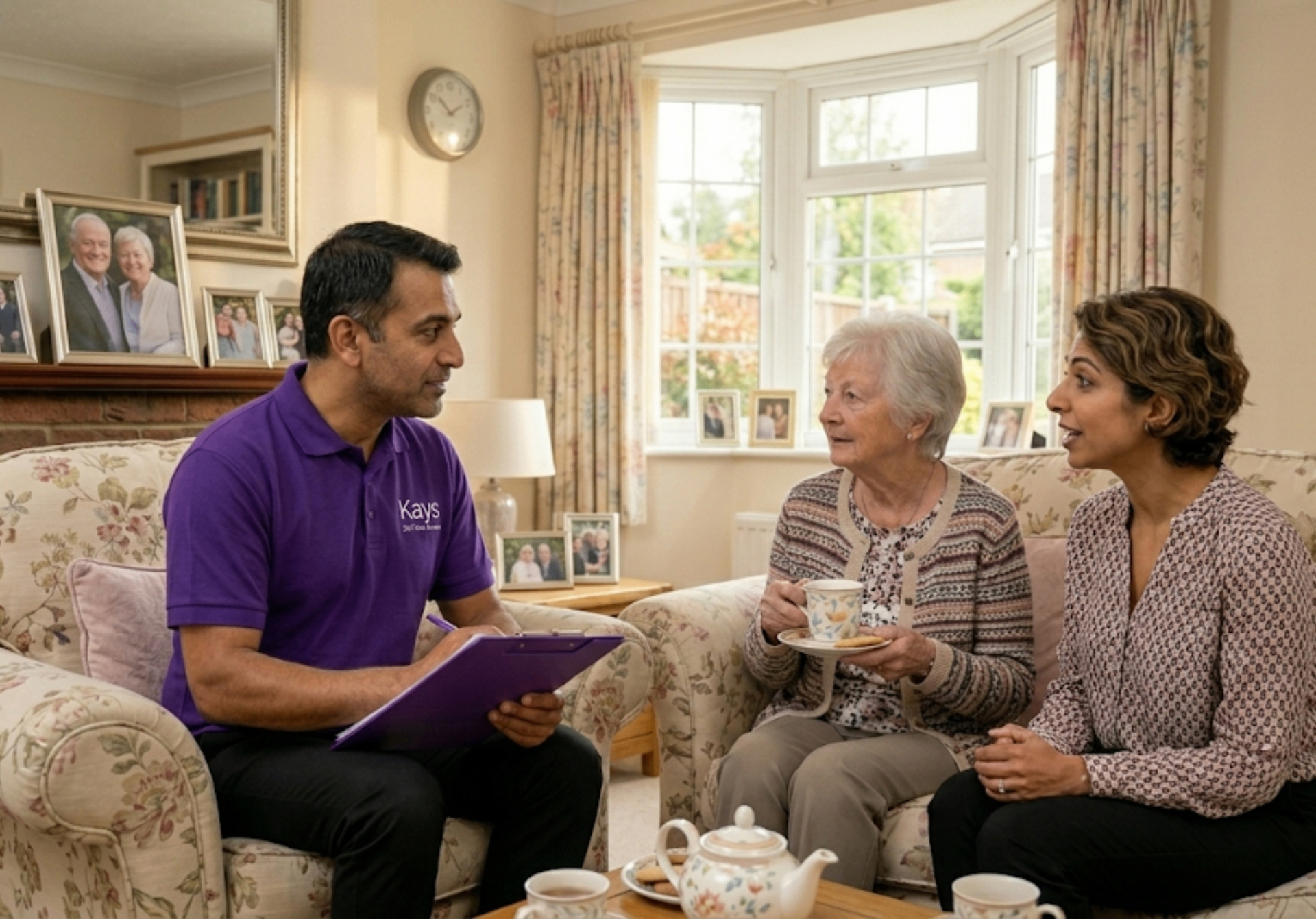 Kays 24-7 Care Services care coordinator in purple uniform conducting a free home care assessment in a British living room with an elderly client and her daughter