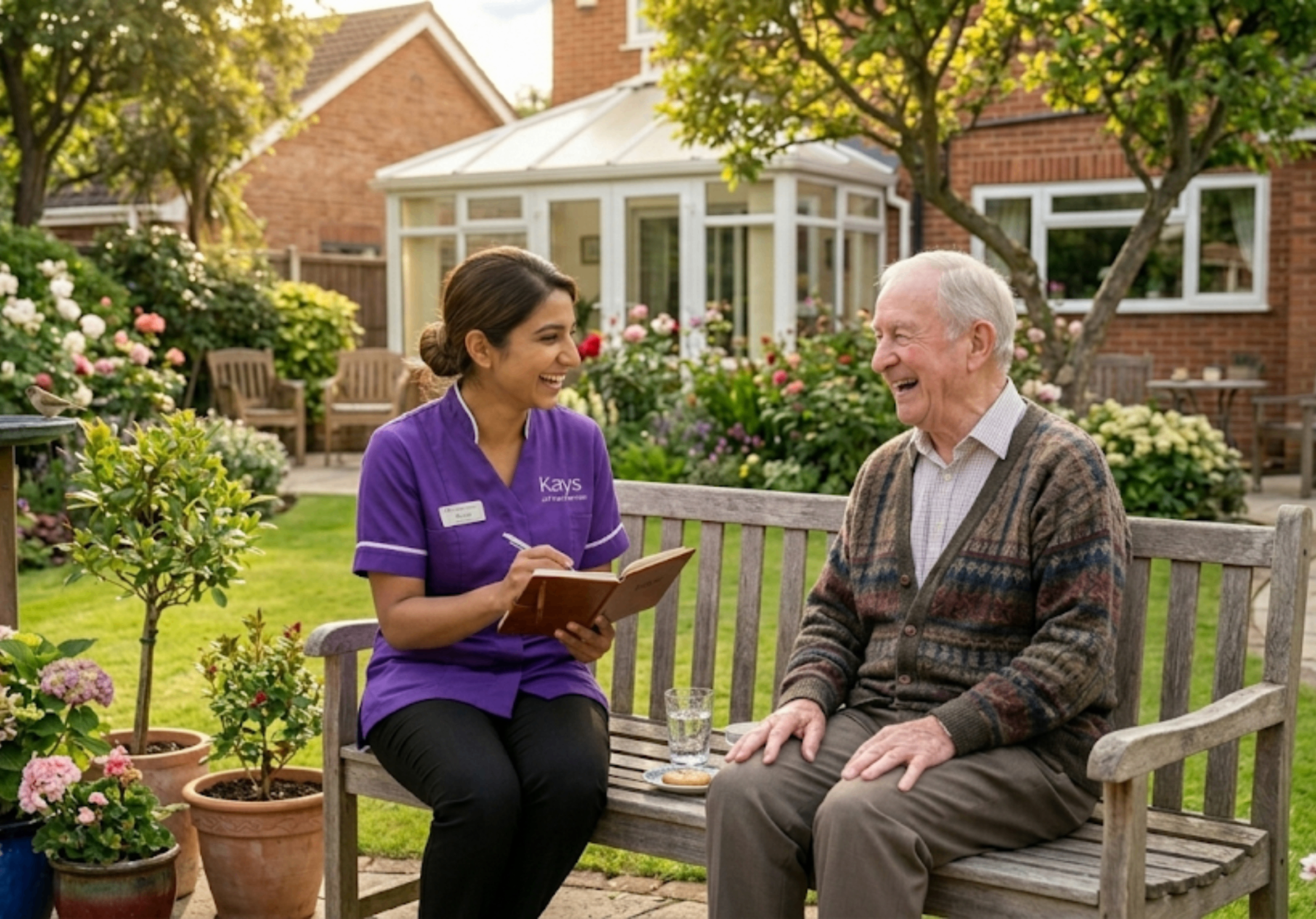 Kays 24-7 Care Services carer in purple uniform chatting with an elderly client on a garden bench outside a British bungalow, representing the trusted ongoing care relationship