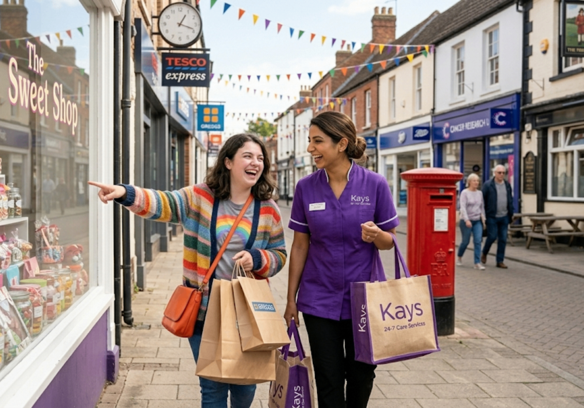 Kays 24-7 Care Services support worker in purple uniform shopping on a British high street with a young adult client with a learning disability, supporting community access and independence