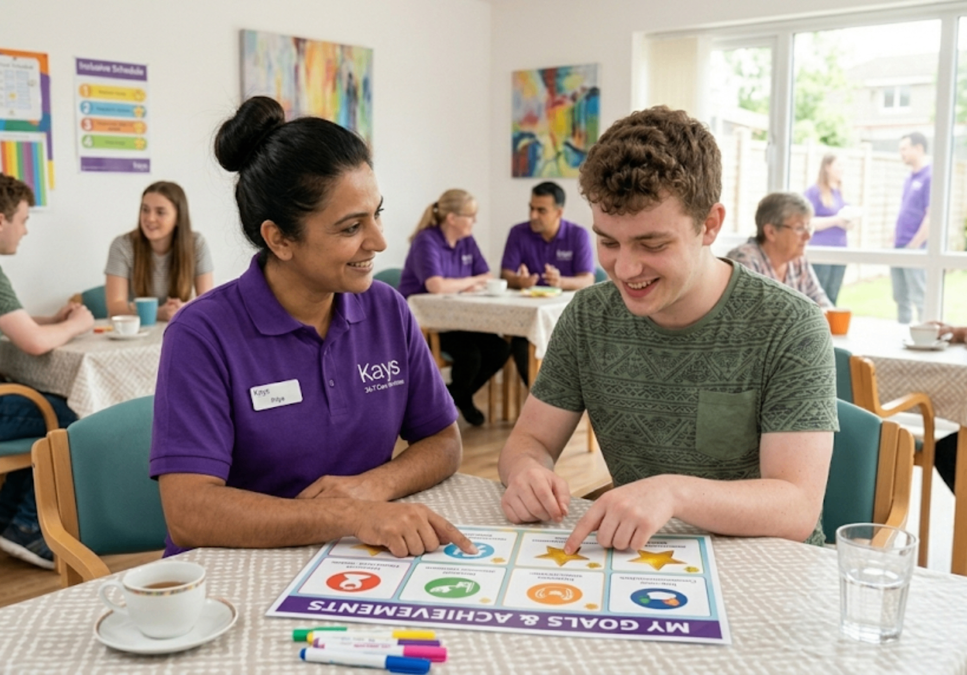 Kays 24-7 Care Services support worker in purple uniform reviewing a visual goal chart with a young adult client at a community centre, celebrating learning disability support achievements