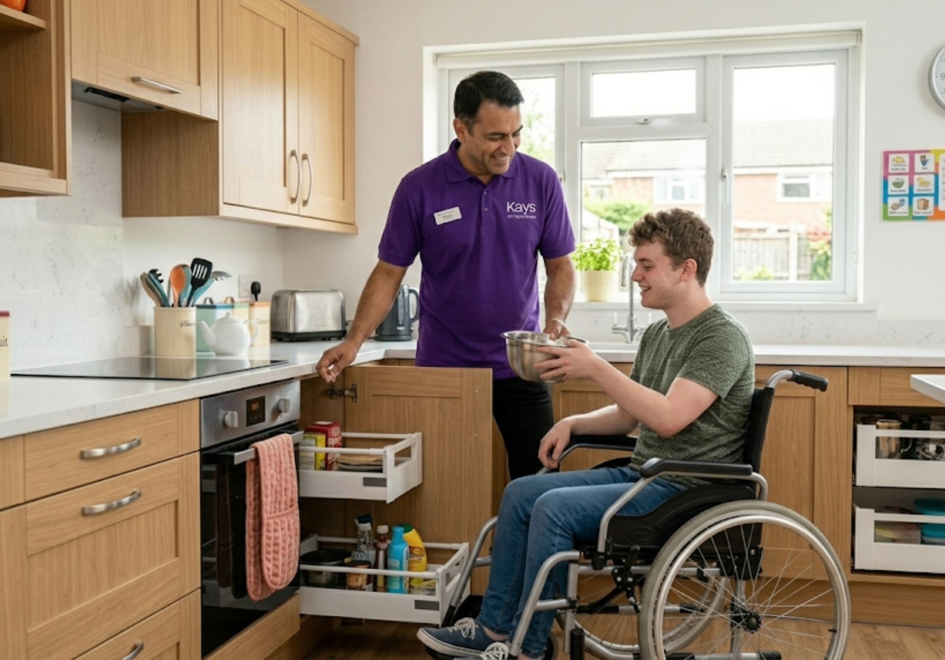 Kays 24-7 Care Services carer in purple uniform assisting a client in an adapted British kitchen, supporting independent daily living for people with physical disabilities