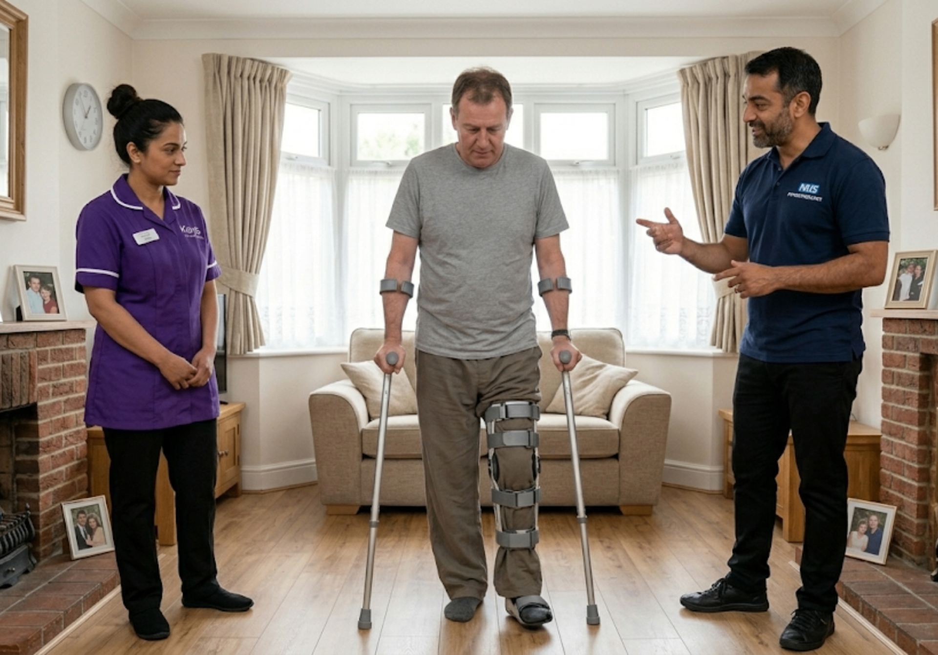 Kays 24-7 Care Services carer in purple uniform working alongside a physiotherapist in a British living room as a client practises exercises, representing coordinated physical disability support